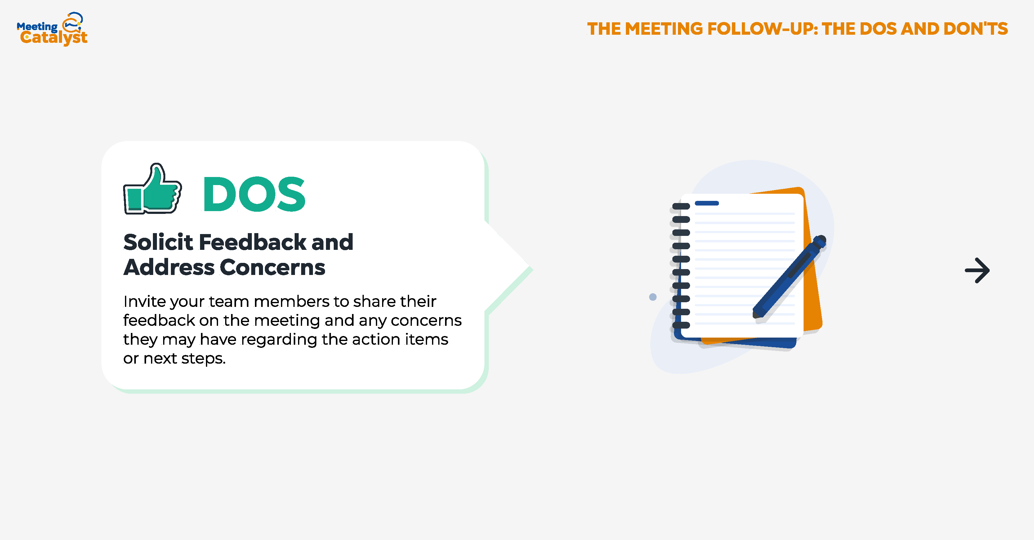 Text box with a thumbs up indicating what should be done for meeting follow-ups