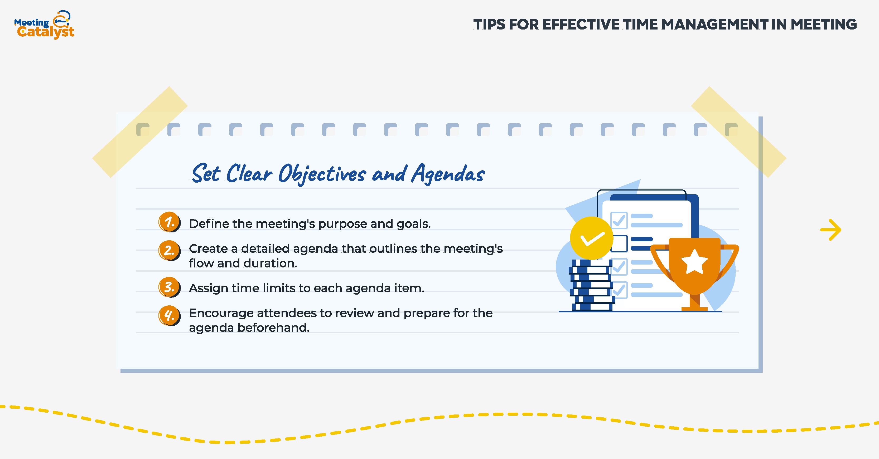 Infographic with text bullet points listing how to set clear objectives and agendas